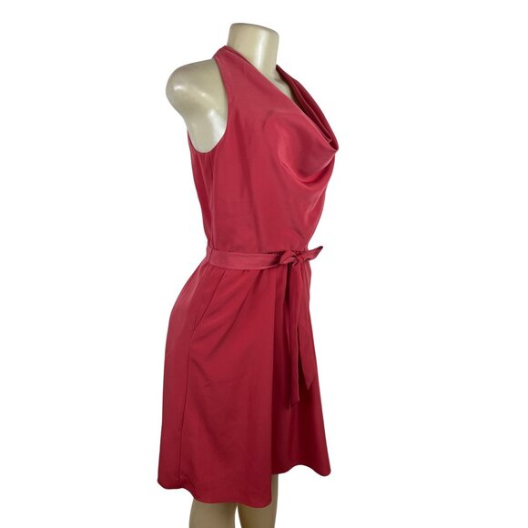 Ann Taylor Red Halter Neck Sleeveless Dress With Belt Tie Back Pleated Sz 2 - Picture 2 of 9